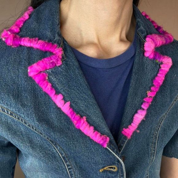 Handmade Reworked Cut Denim Top Hand Dyed Yarn Blazer Spring Jacket Boho Baby - Picture 3 of 4